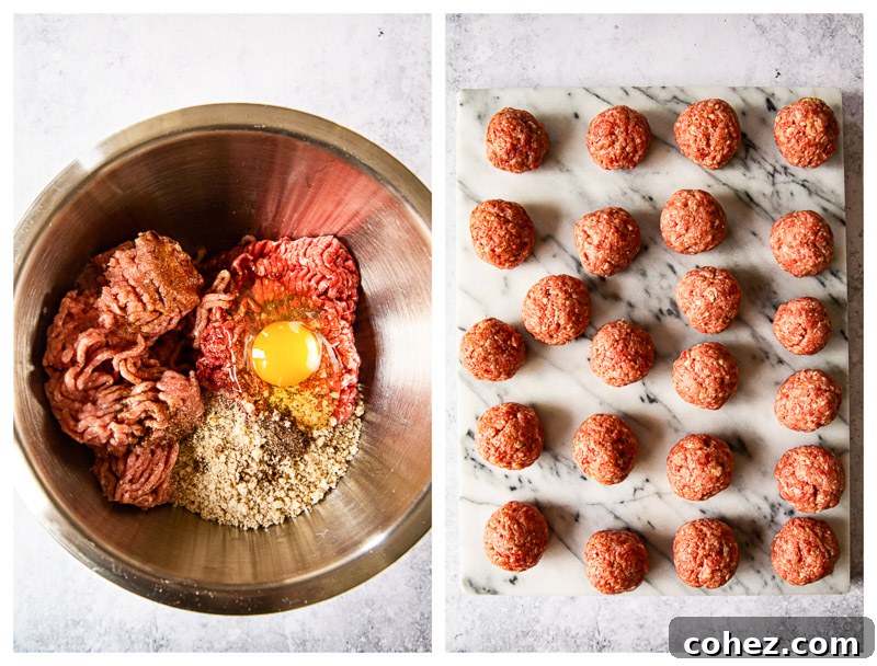 Two process shots showing how to prepare the pork and beef mixture for Swedish meatballs.