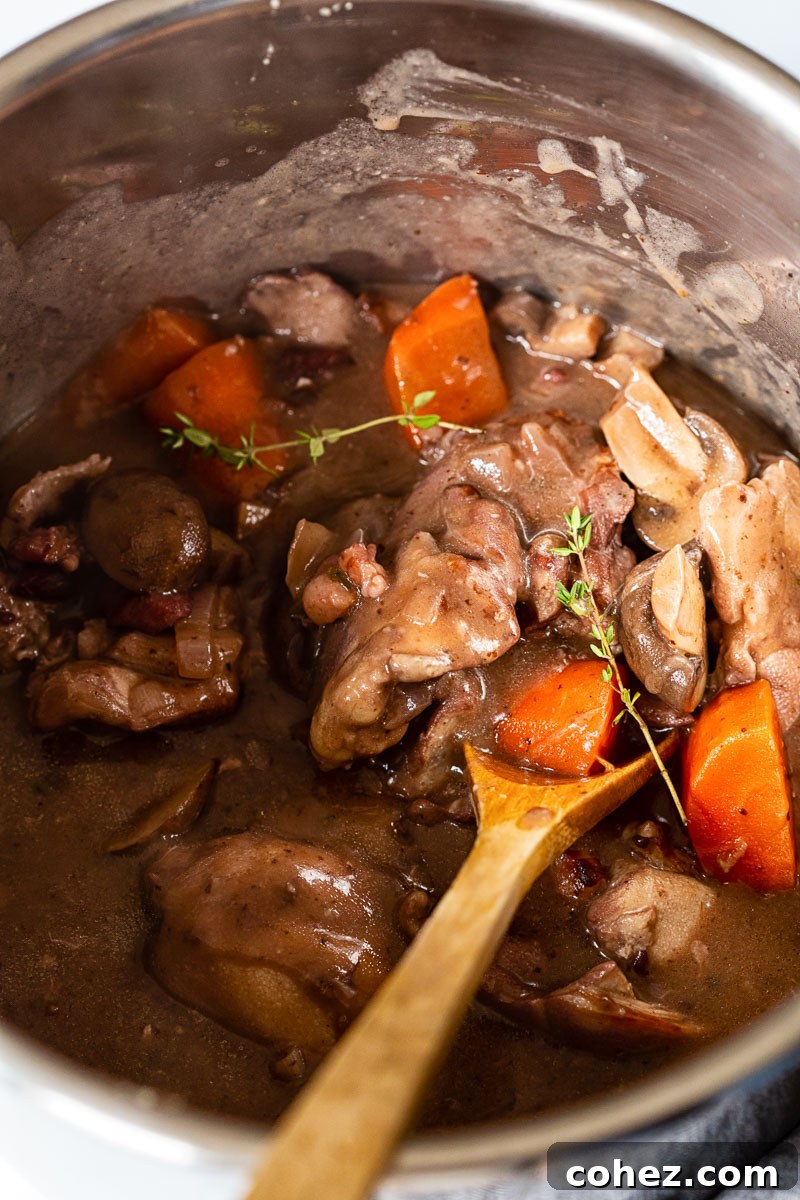 Instant Pot Coq Au Vin: French Flavor in a Flash 6 chicken stew with carrots and mushrooms in Instant Pot