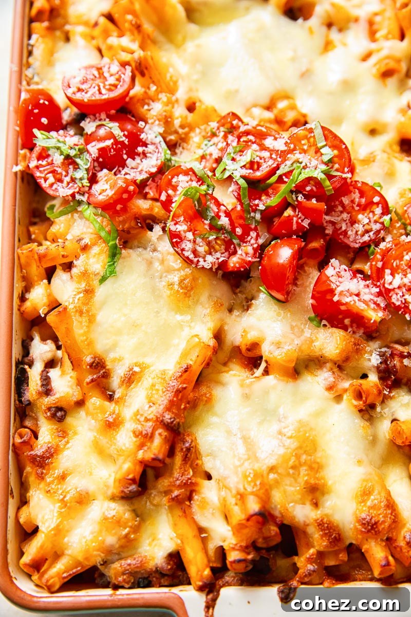 Quick Classic Baked Ziti 2 Baked Ziti with fresh basil tomato salsa on top