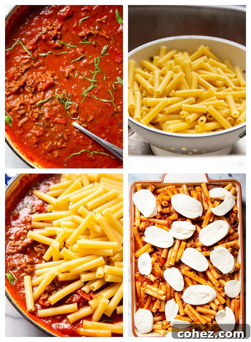 Quick Classic Baked Ziti 3 step by step photo collage for baked ziti recipe