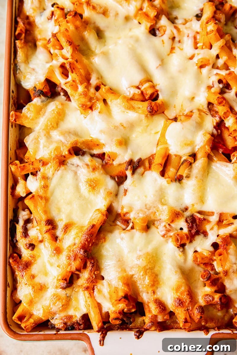 Quick Classic Baked Ziti 4 baked pasta with melted cheese on top