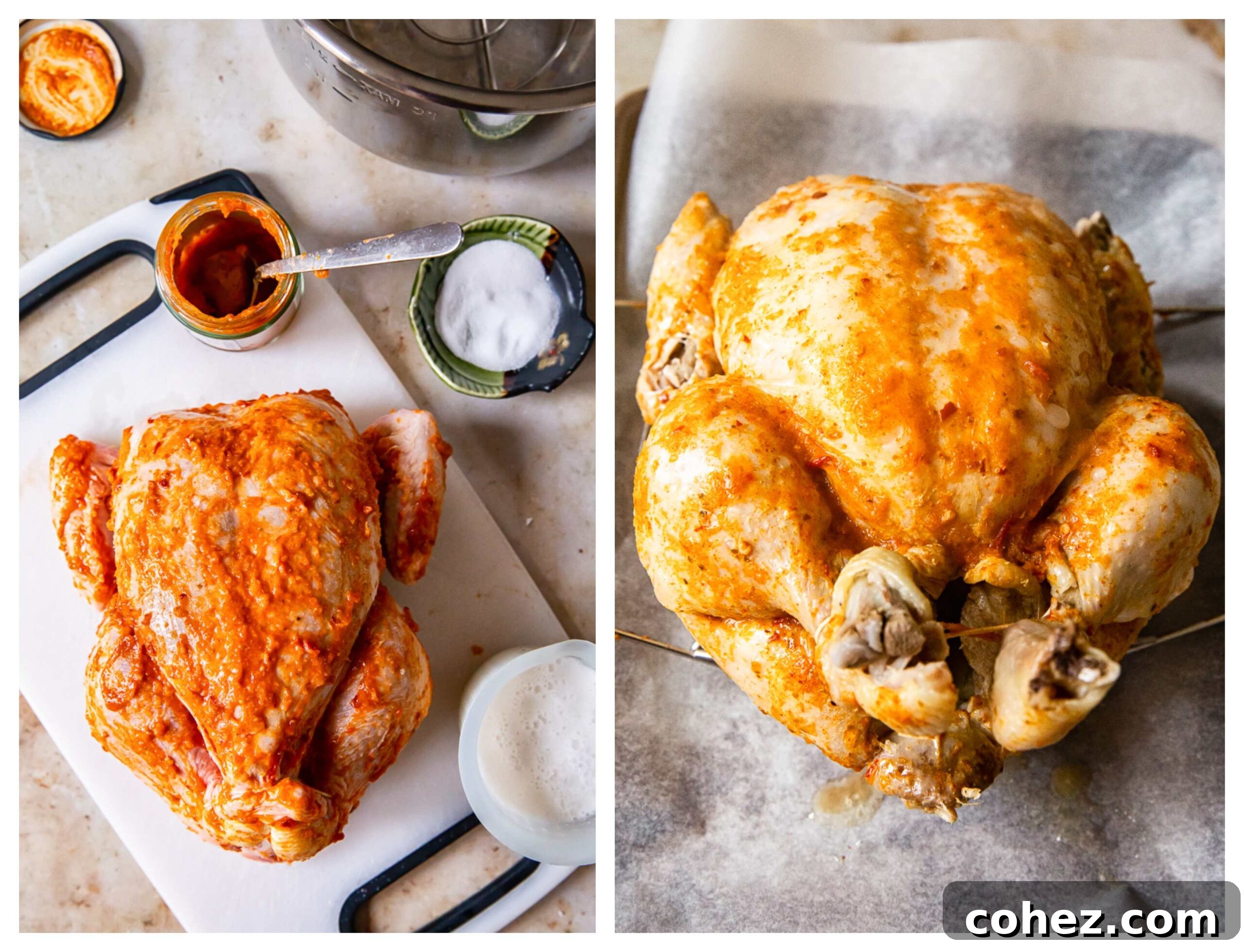 Two process shots showing the initial preparation of a whole chicken with a Thai rub and the application of a delicious glaze before broiling.