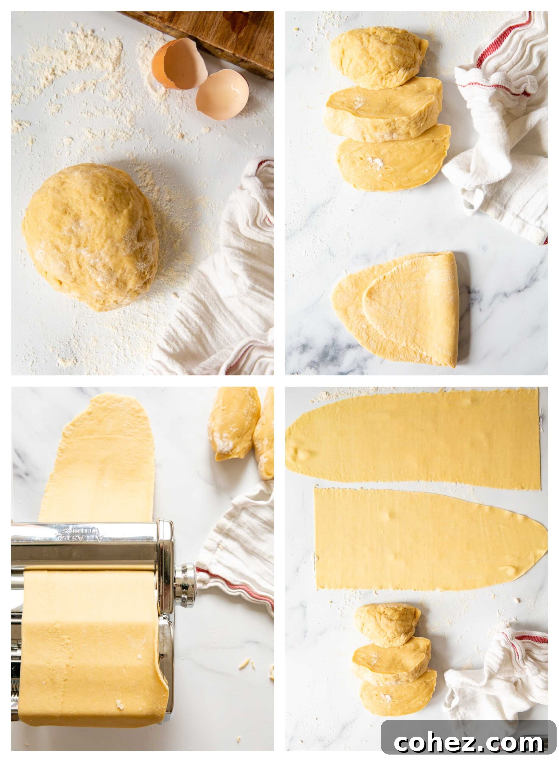 Four sequential images demonstrating the stages of fresh pasta making: dough ball, flattened sheet, machine-rolled sheet, and cut fettuccine strands.