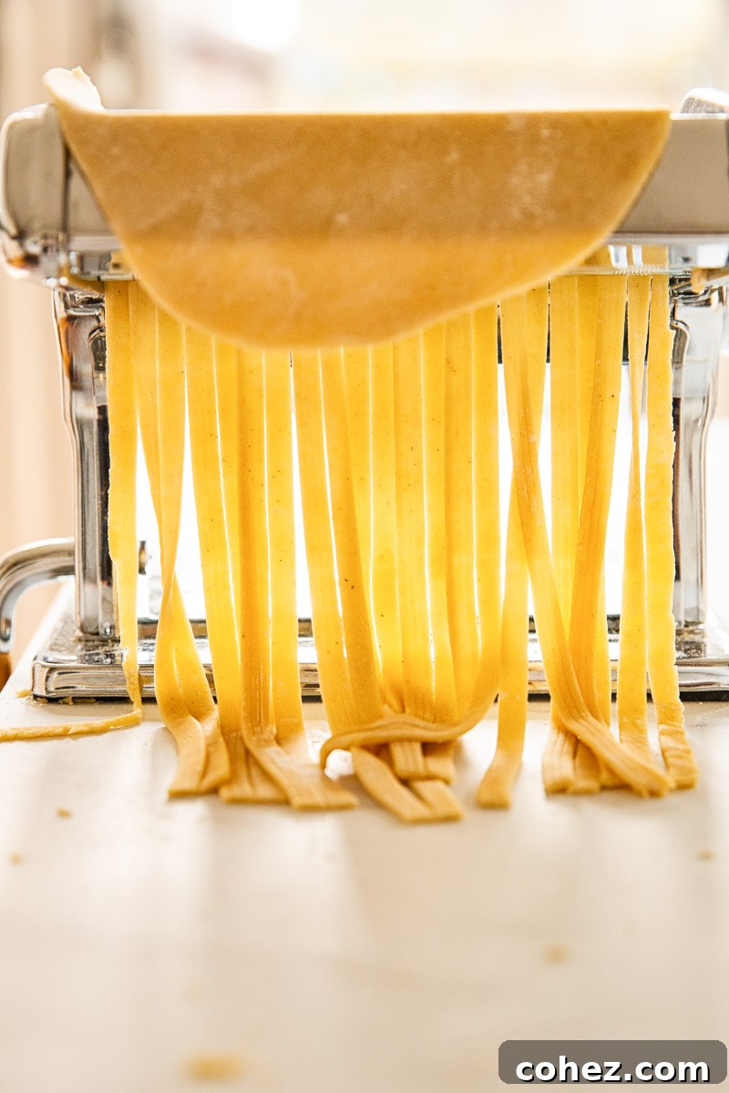 A sheet of fresh pasta dough being fed through a pasta machine, then cut into fettuccine strands.