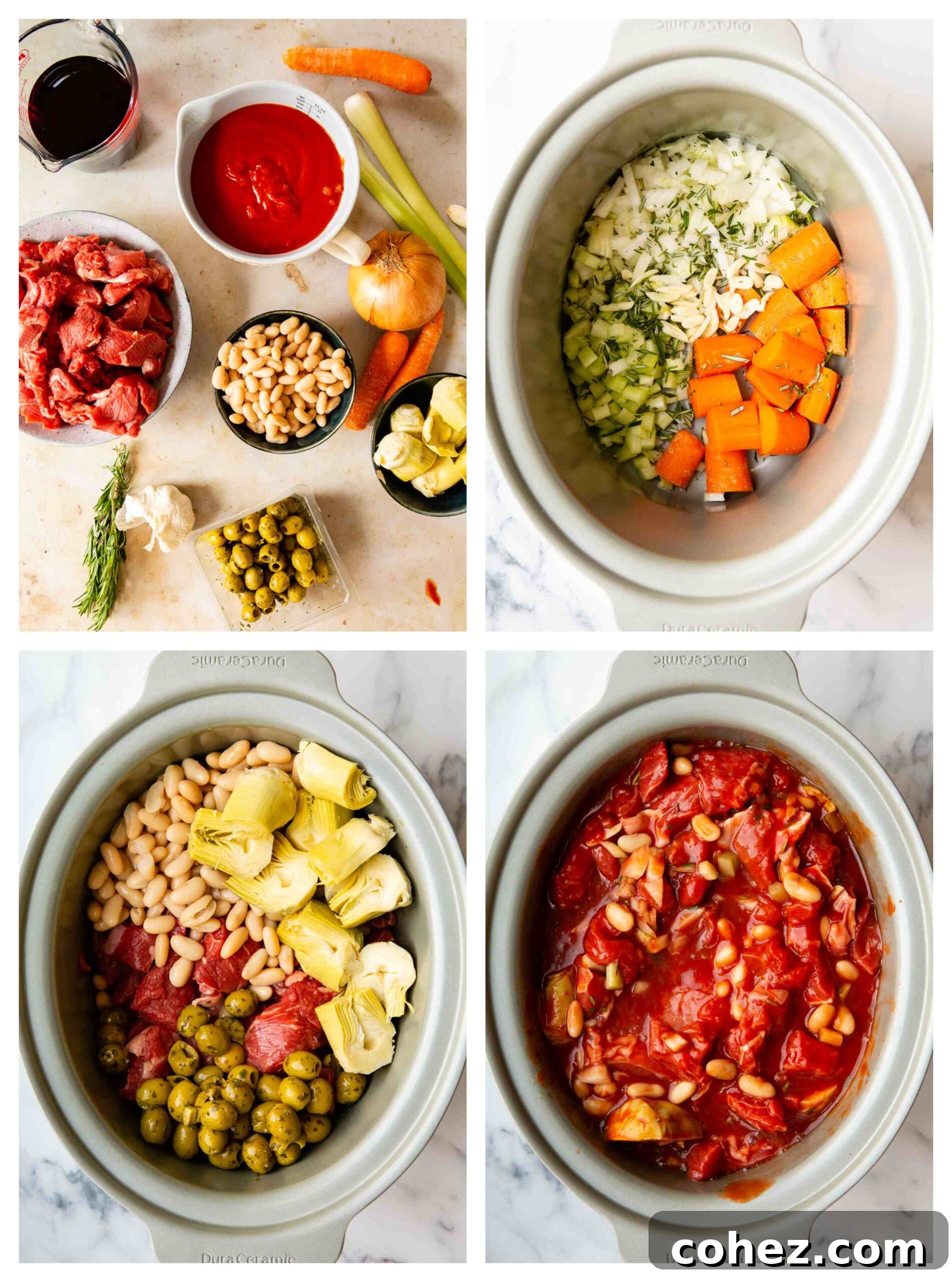 four cooking process images showing how to make it in a slow cooker