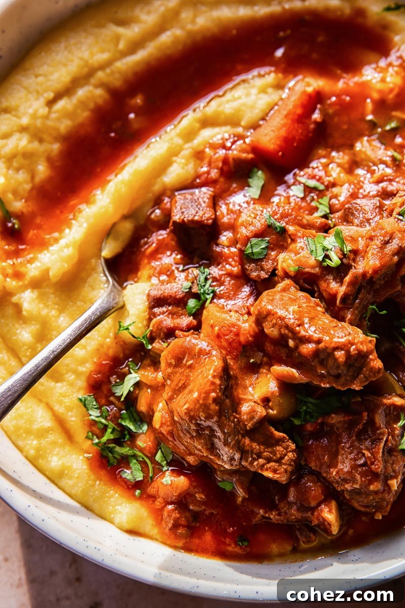 beef stew over polenta in a bowl
