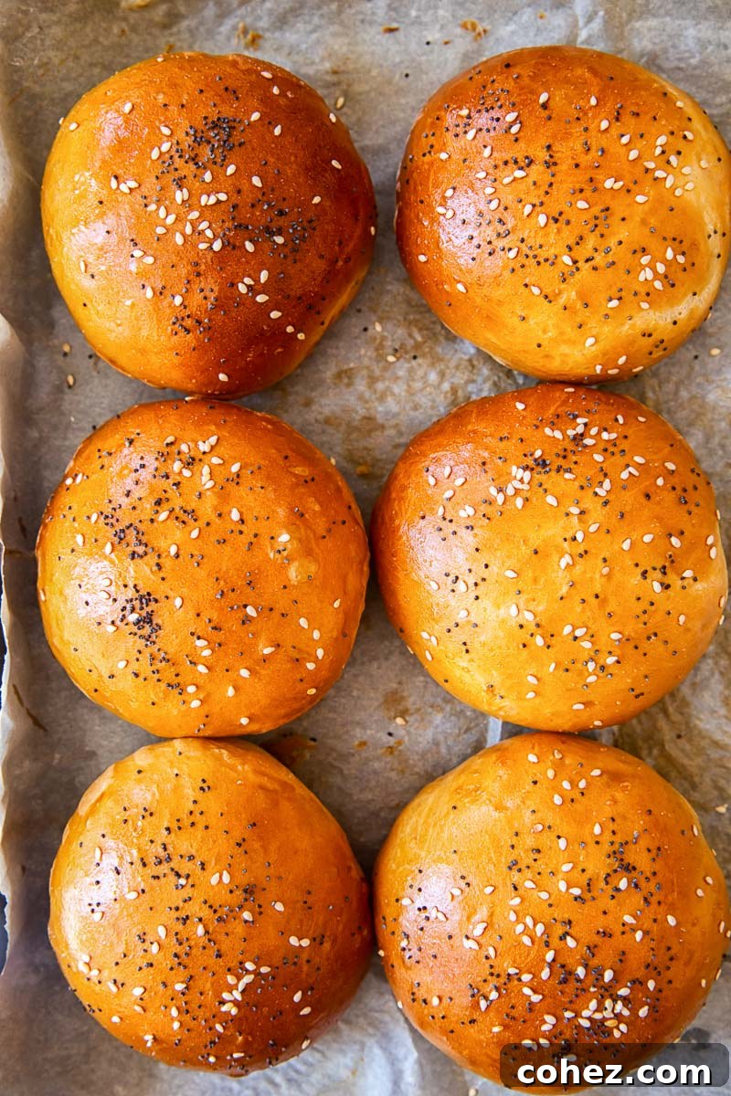 Quick 2-Hour Hamburger Buns 2 bread rolls sprinkled with poppy seeds and sesame seeds