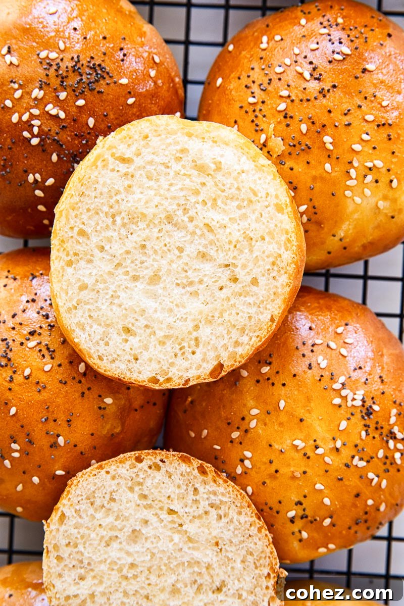 Quick 2-Hour Hamburger Buns 3 hamburger bun cut in half with the exterior crumb exposed