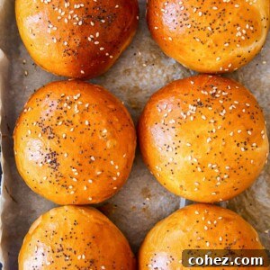 Quick 2-Hour Hamburger Buns 6 bread rolls sprinkled with poppy seeds and sesame seeds