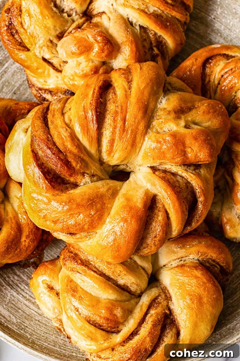 Close-up of golden European-style cinnamon knots