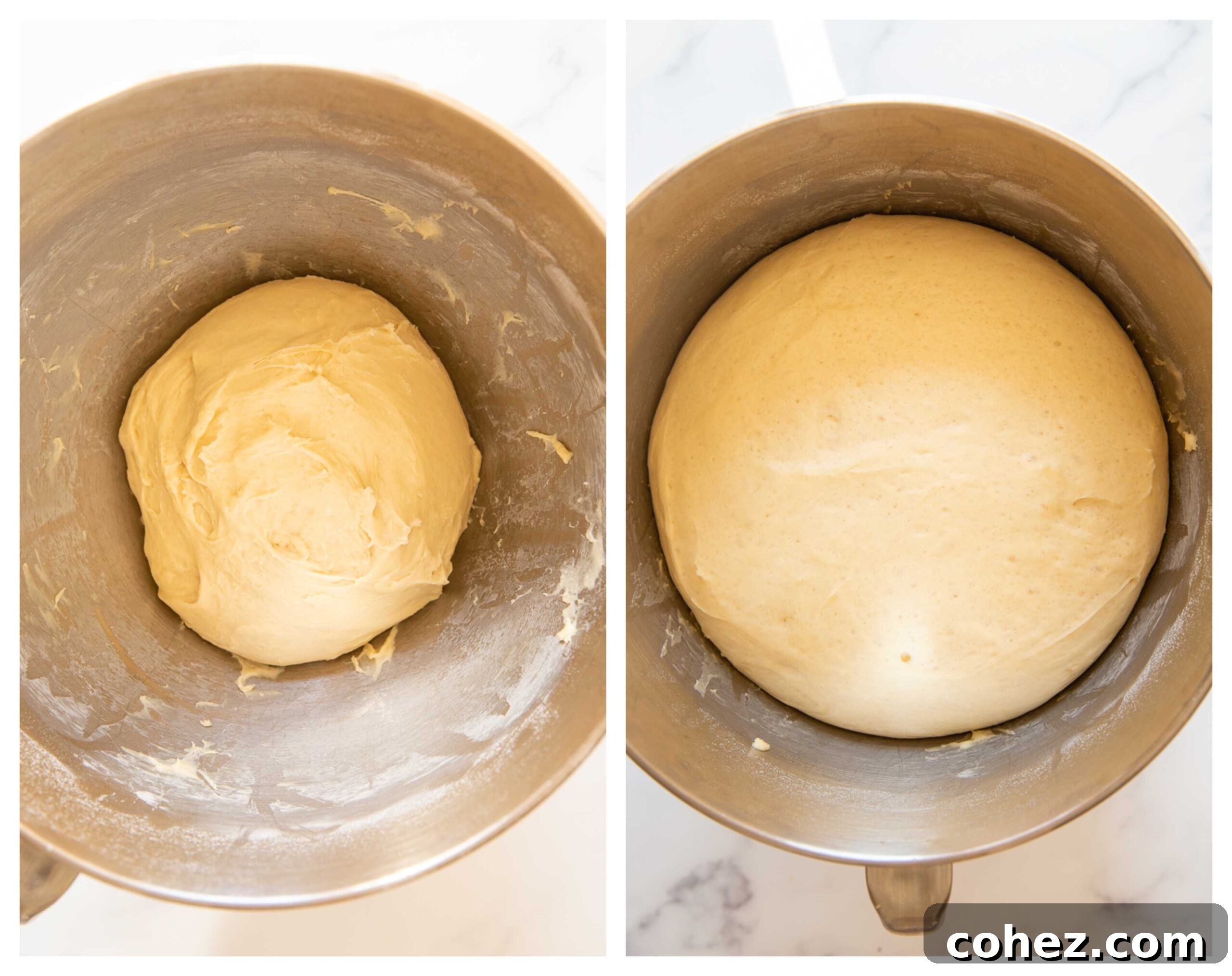 Cinnamon bun dough rising in a bowl during the baking process