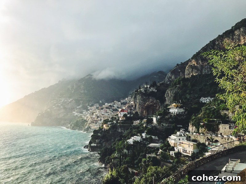 Dramatic Amalfi coastline with charming villages clinging to cliffs overlooking the sparkling sea