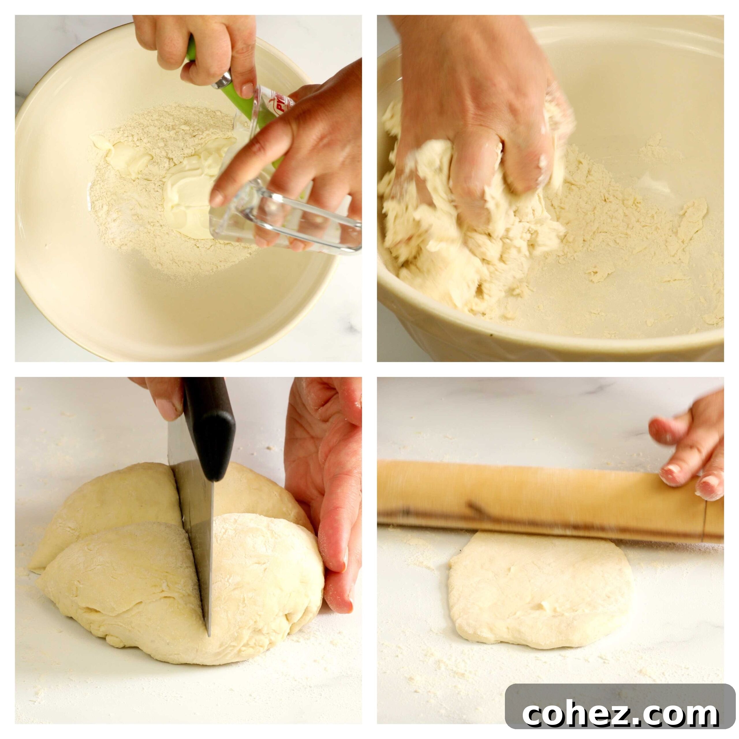 Step-by-step images showing the process of making flatbread dough and shaping it.