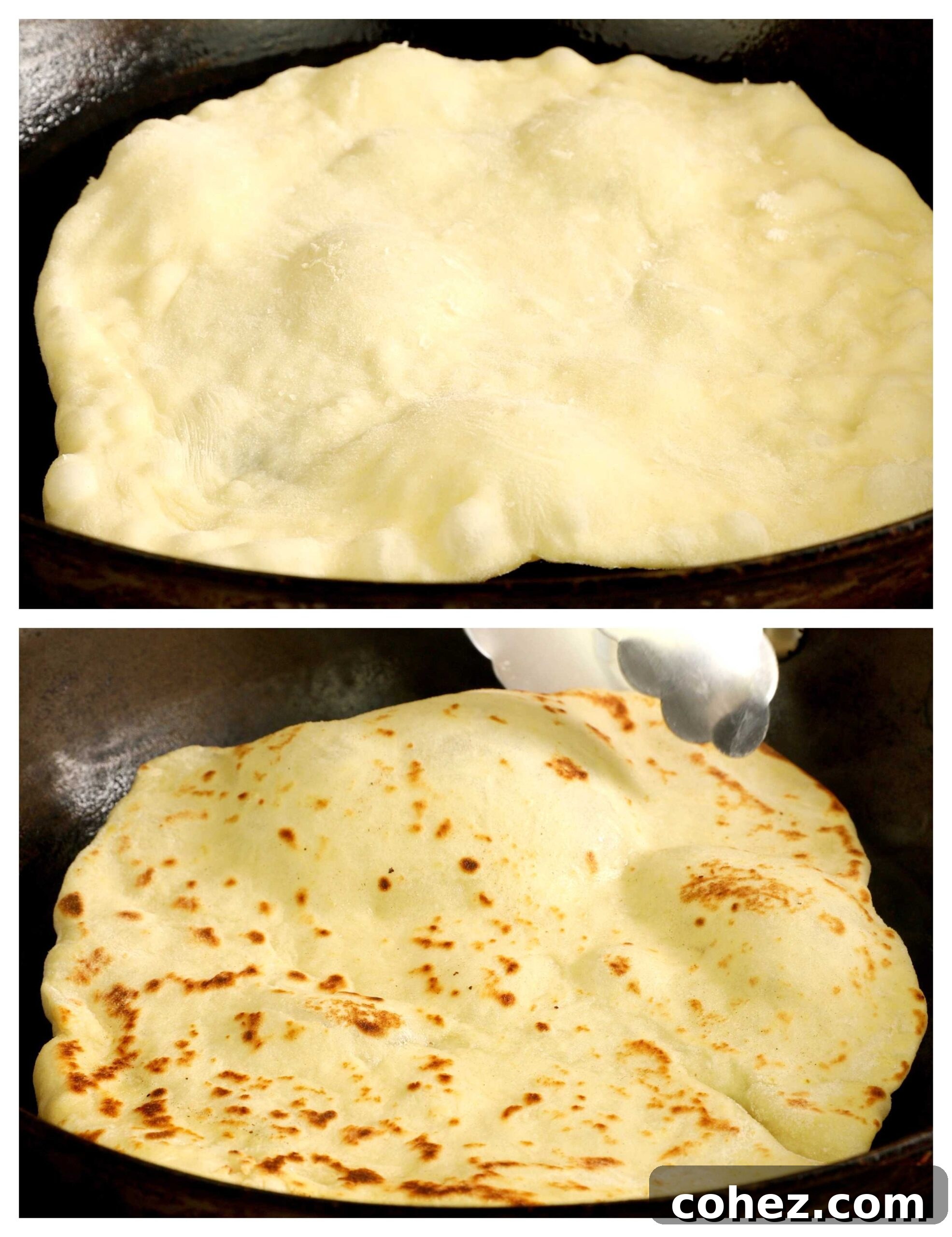 Close-up images showing flatbread bubbling up and cooking on a hot skillet.