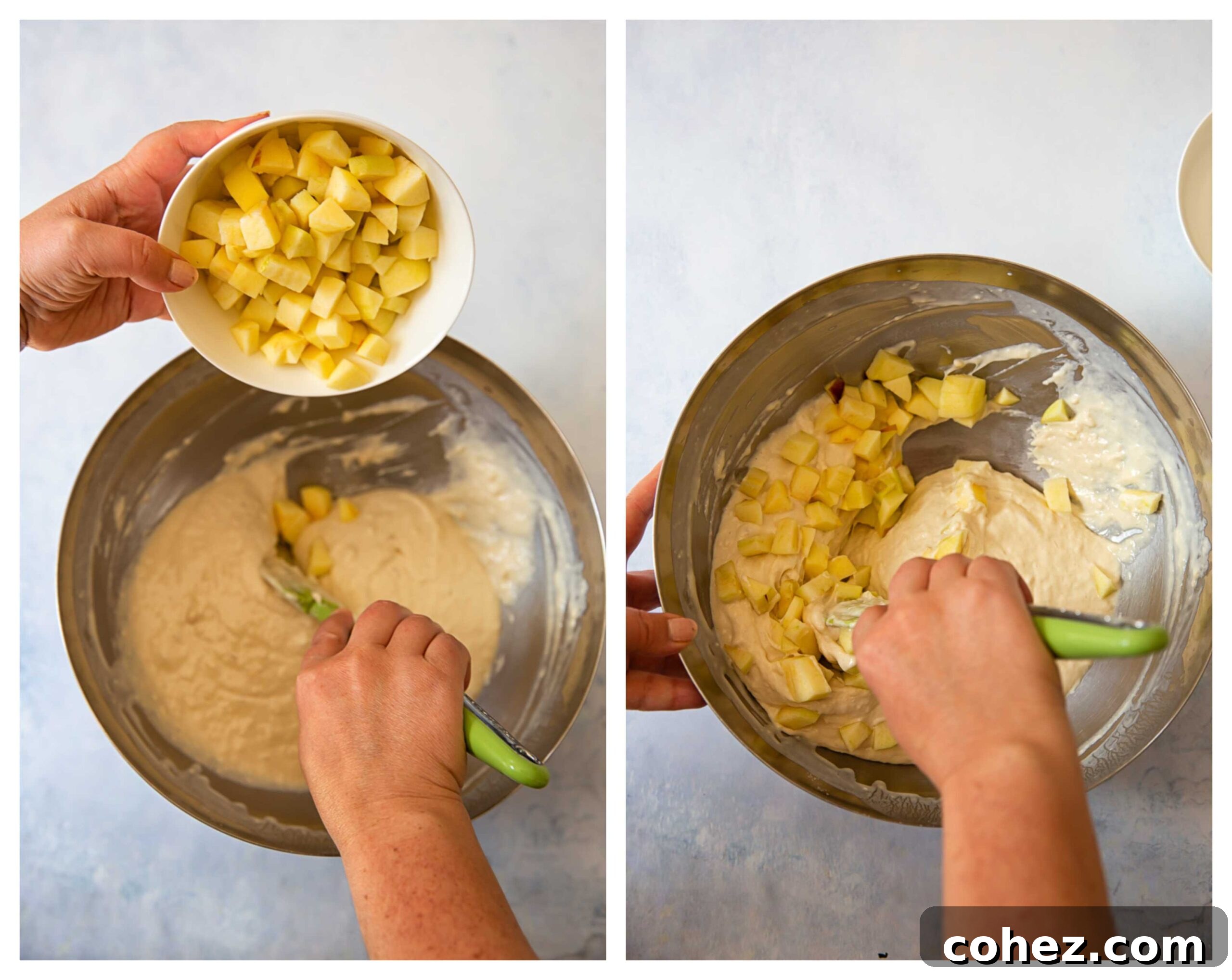 A four-panel image demonstrating the process of mixing apple fritter batter, showing various stages of combining wet and dry ingredients.