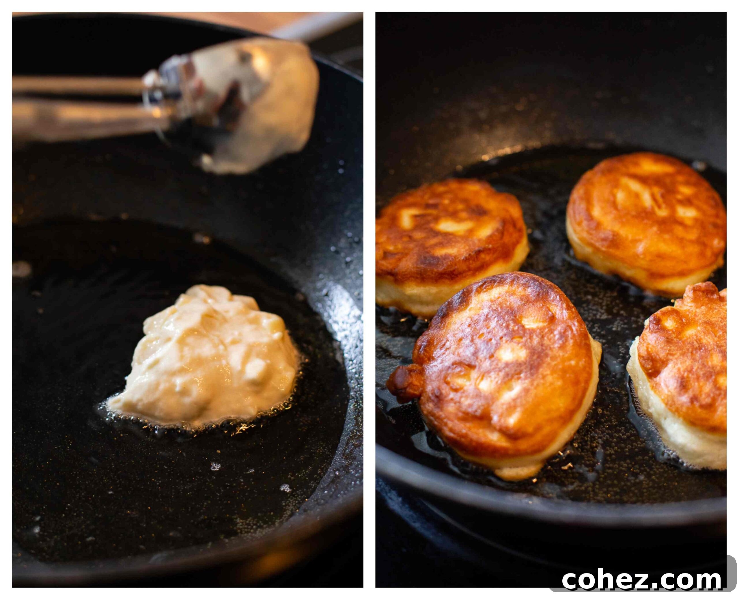 A series of images illustrating the cooking process of apple fritters, showing them pan-frying to a beautiful golden brown in a hot skillet.