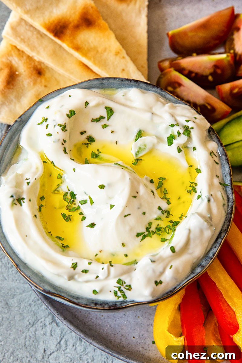 yogurt and cucumber dip sprinkled with fresh mint on a platter with pita and cut up vegetables