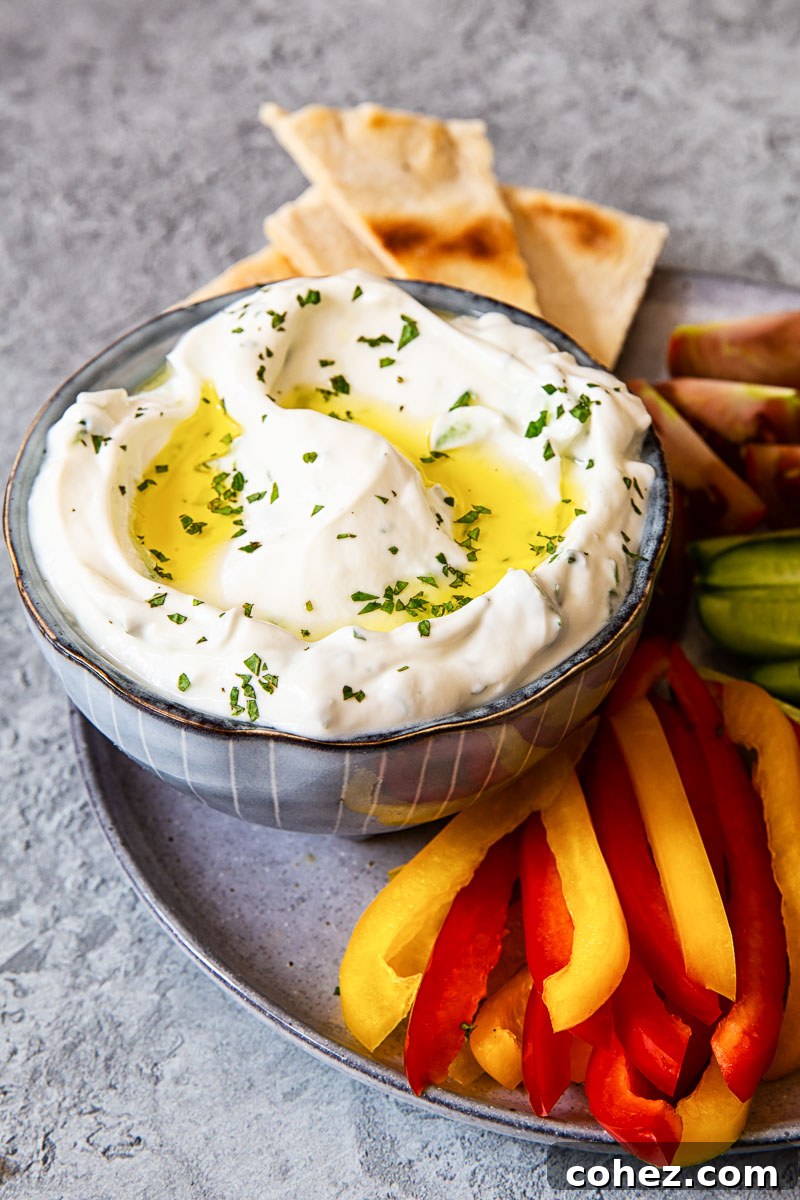 Greek tzatziki in blue bowl with cut up red and yellow peppers and pita bread