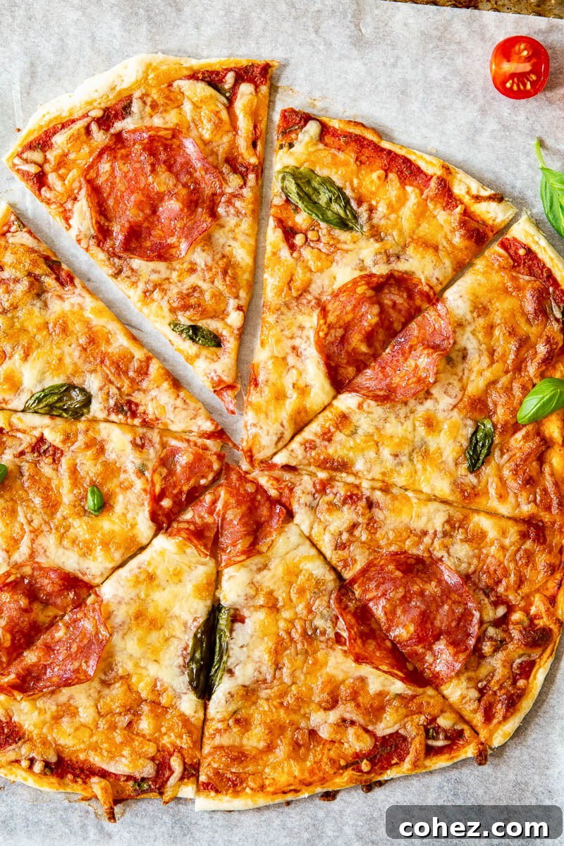 Flaky Puff Pastry Margherita Pizza 4 Top down view of puff pastry pizza with pepperoni