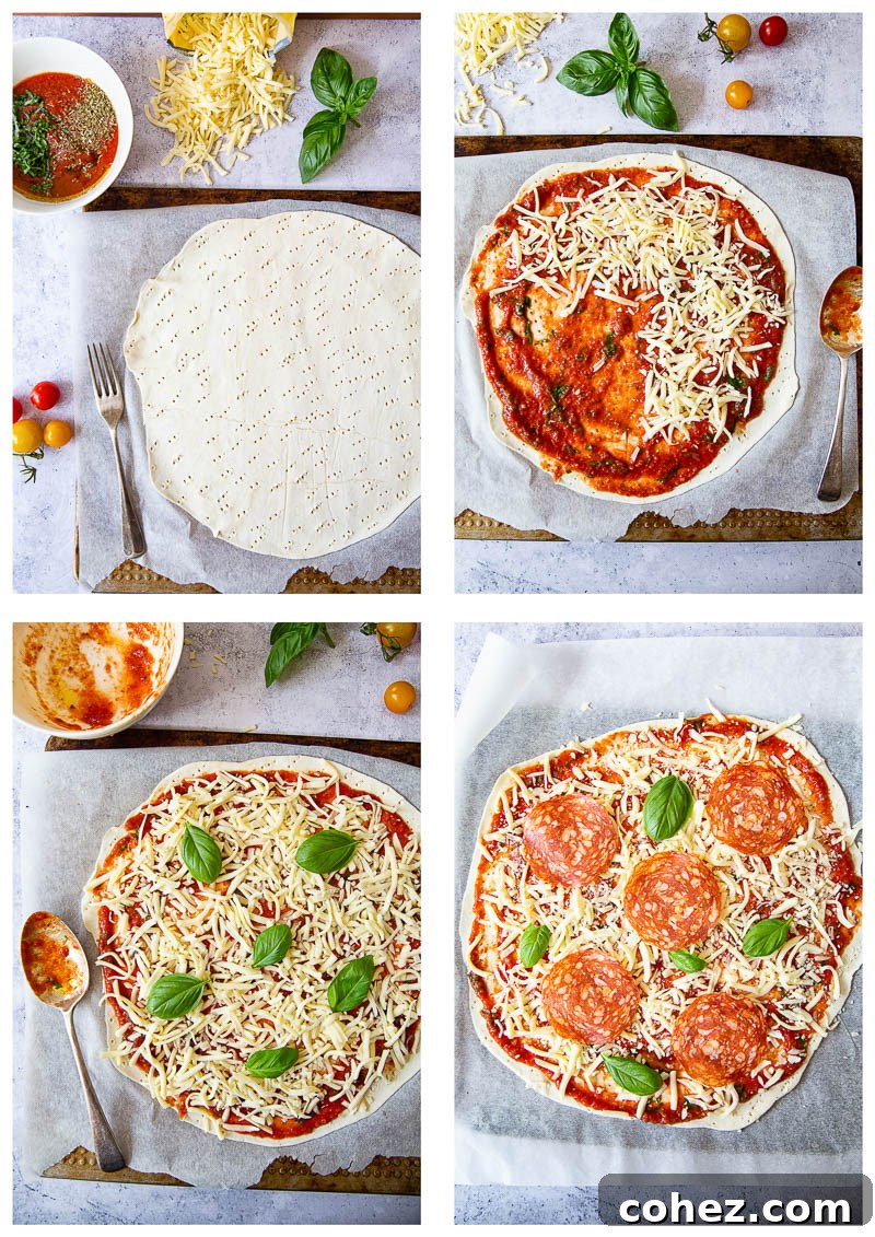 Flaky Puff Pastry Margherita Pizza 5 Process shot of topping being put onto pizza dough
