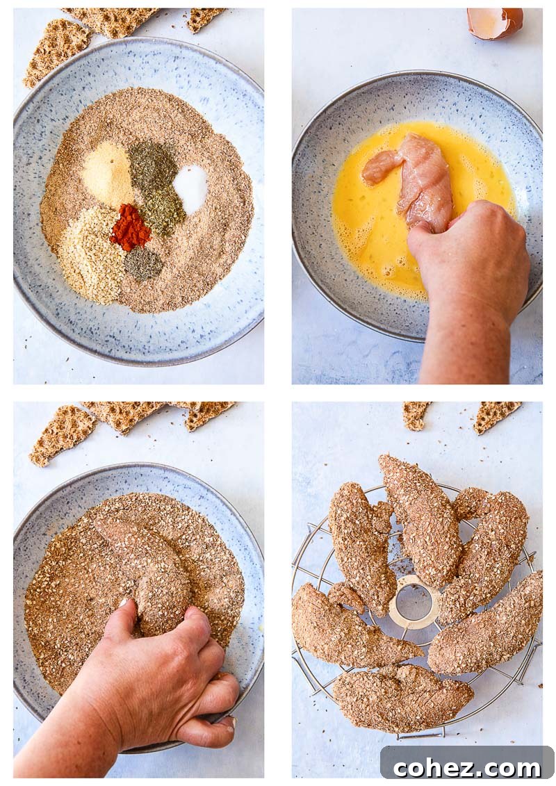 Golden Air Fryer Chicken Tenders and Tangy Honey Mustard 4 A step-by-step visual guide showing the process of breading chicken tenders for the air fryer.