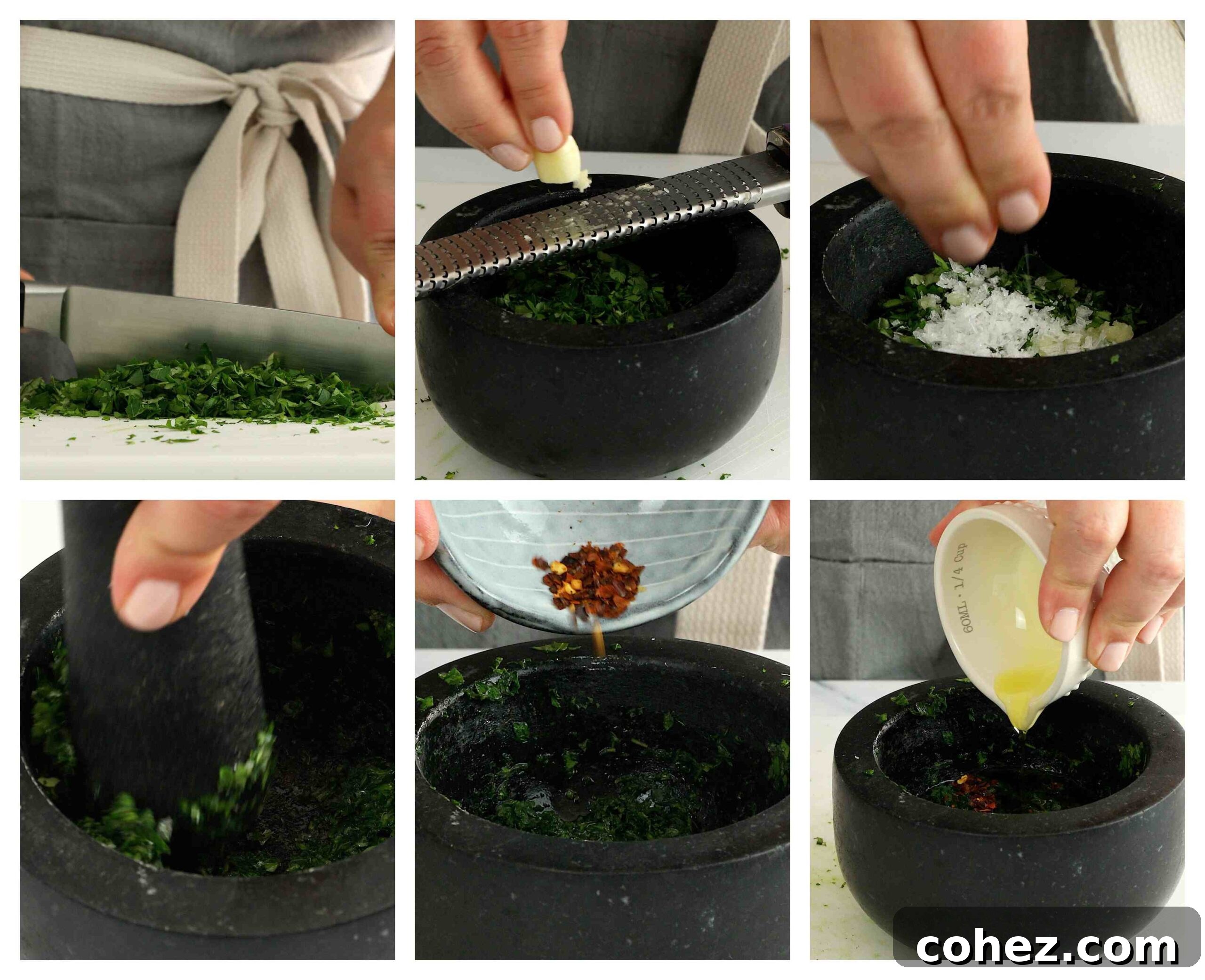 process images for making Sicilian Salmoriglio sauce, showing ingredients and final consistency