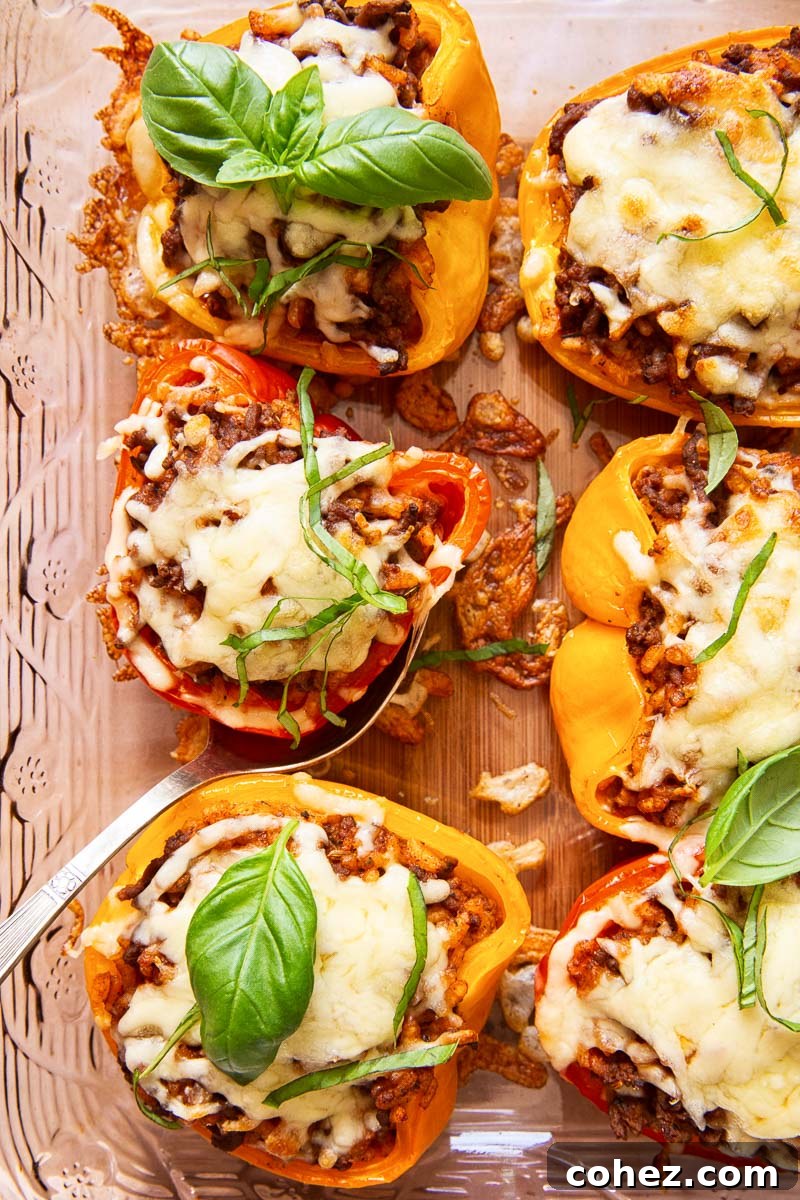 overhead view of stuffed red and yellow peppers