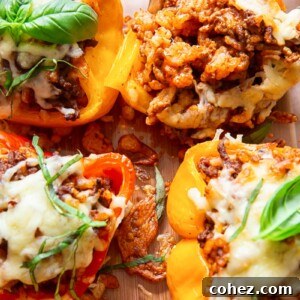 stuffed peppers with the beef and rice filling exposed