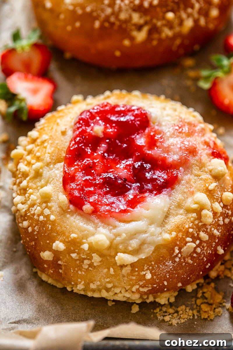 Creamy Strawberry Cheesecake Vatrushka Delights 3 Close-up view of a freshly baked Vatrushka bun, revealing its golden crust and creamy strawberry cheesecake filling