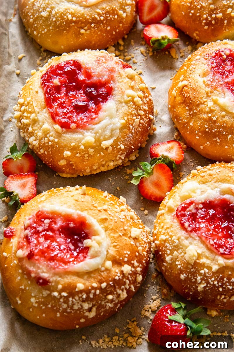 Creamy Strawberry Cheesecake Vatrushka Delights 4 Freshly baked brioche buns, filled with a creamy cheese mixture and glistening strawberry jam