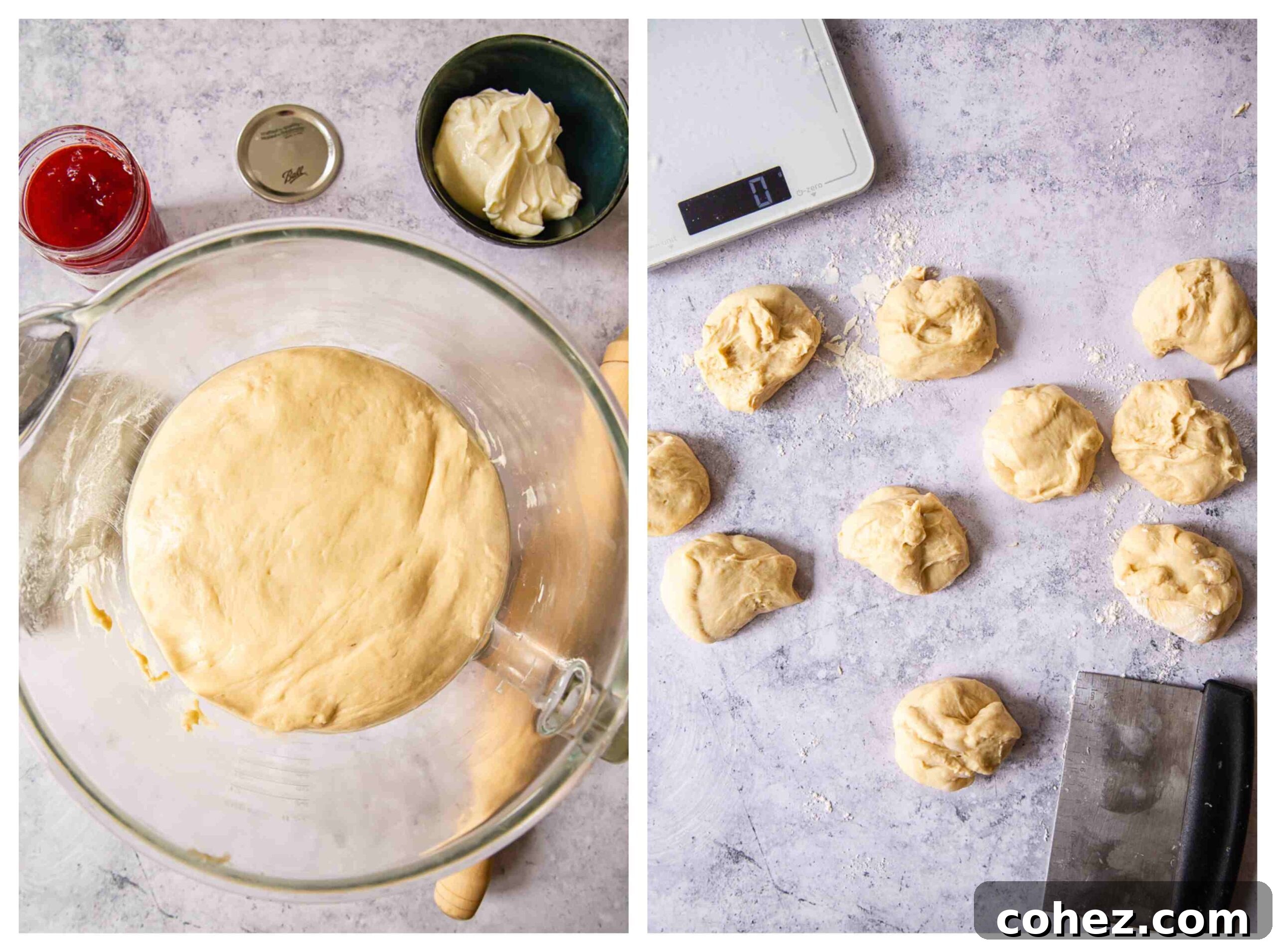 Creamy Strawberry Cheesecake Vatrushka Delights 5 Stages of dough preparation: proofing in a glass bowl and portions divided on a work surface, ready for shaping