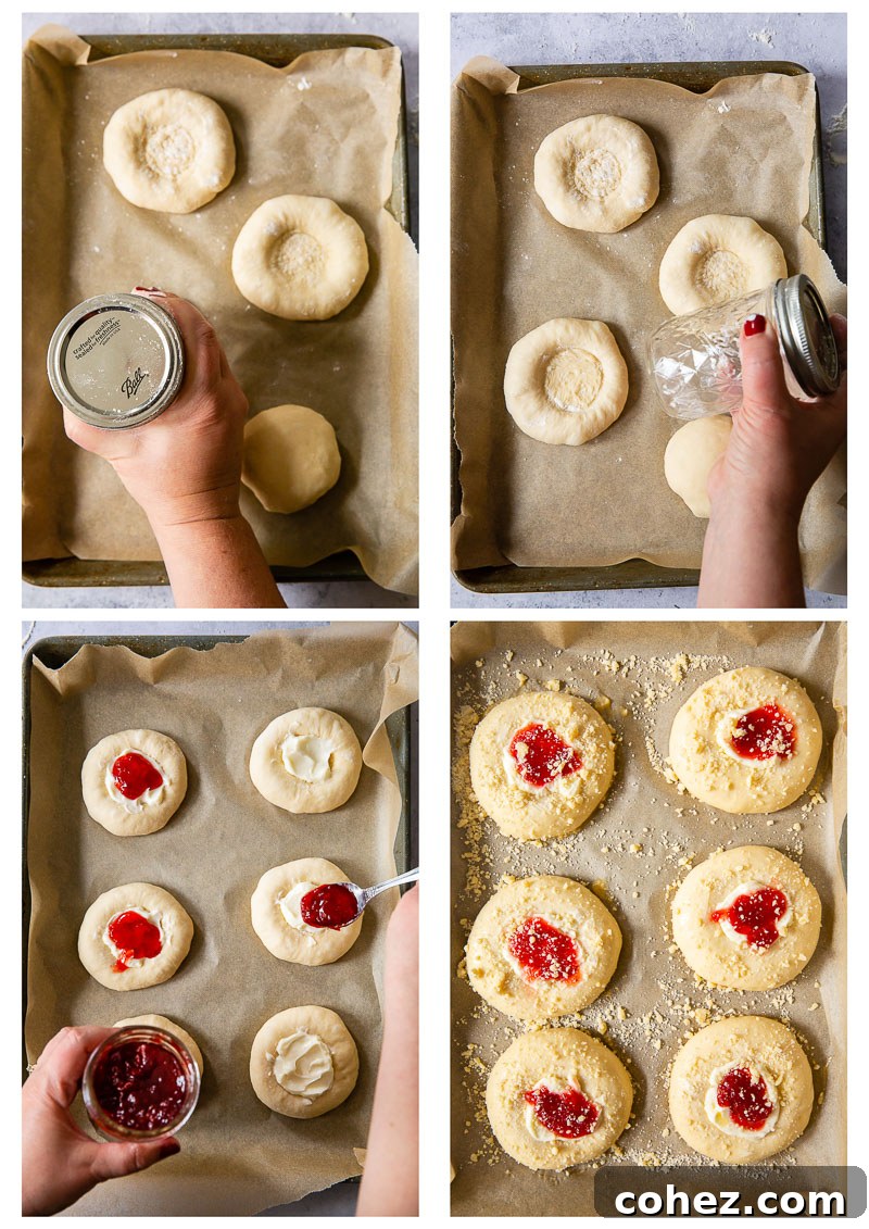 Creamy Strawberry Cheesecake Vatrushka Delights 6 Sequential process images showing how to shape, fill, and prepare Vatrushka buns for baking