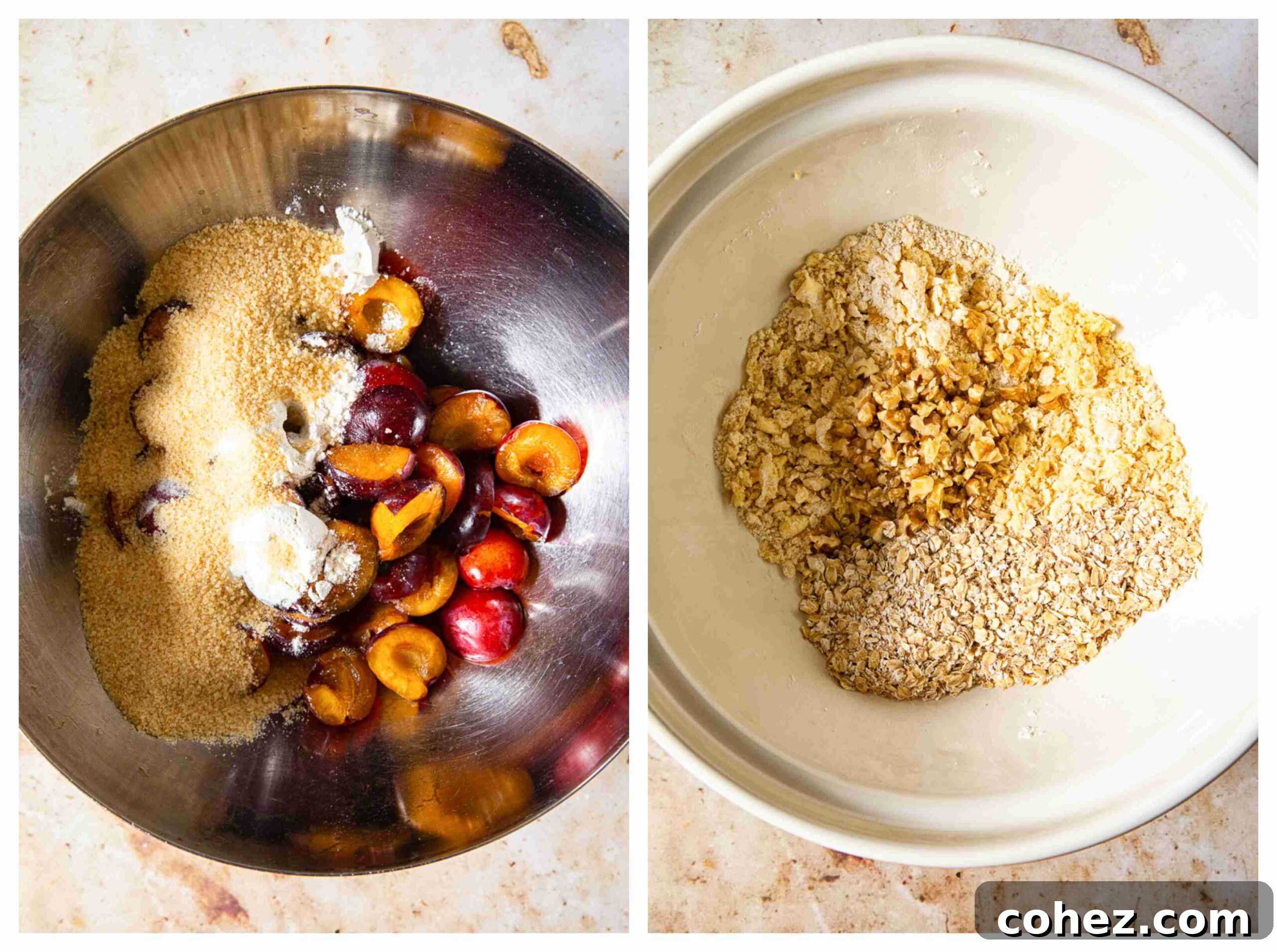 A series of three process images showing plums being halved, then mixed with sugar, and finally topped with the cobbler dough before baking.