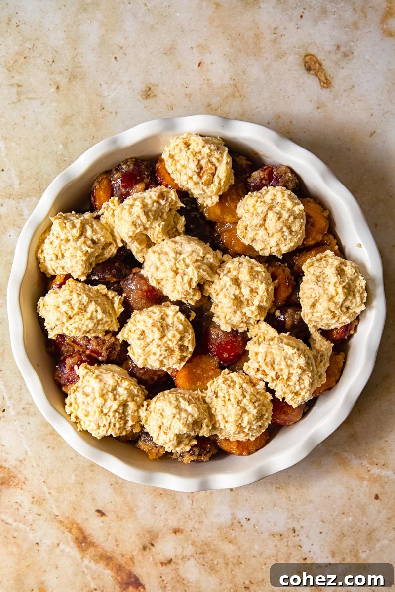 Plum cobbler in a baking dish, before being placed in the oven, showing the fruit filling and the spoonfuls of topping.