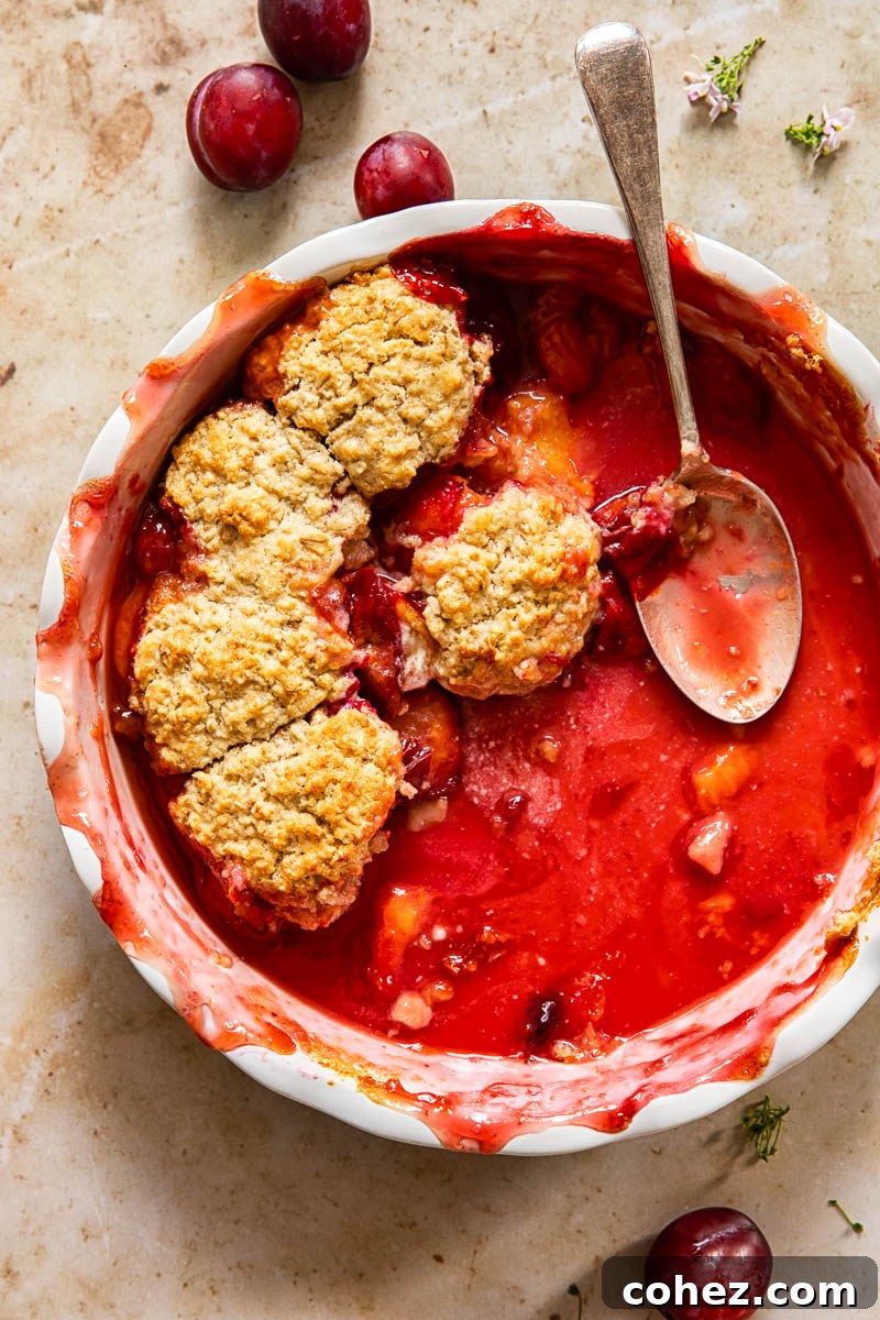 Sweet-Tart Italian Plum Crumble 5 A round pan filled with half-eaten plum cobbler and a spoon