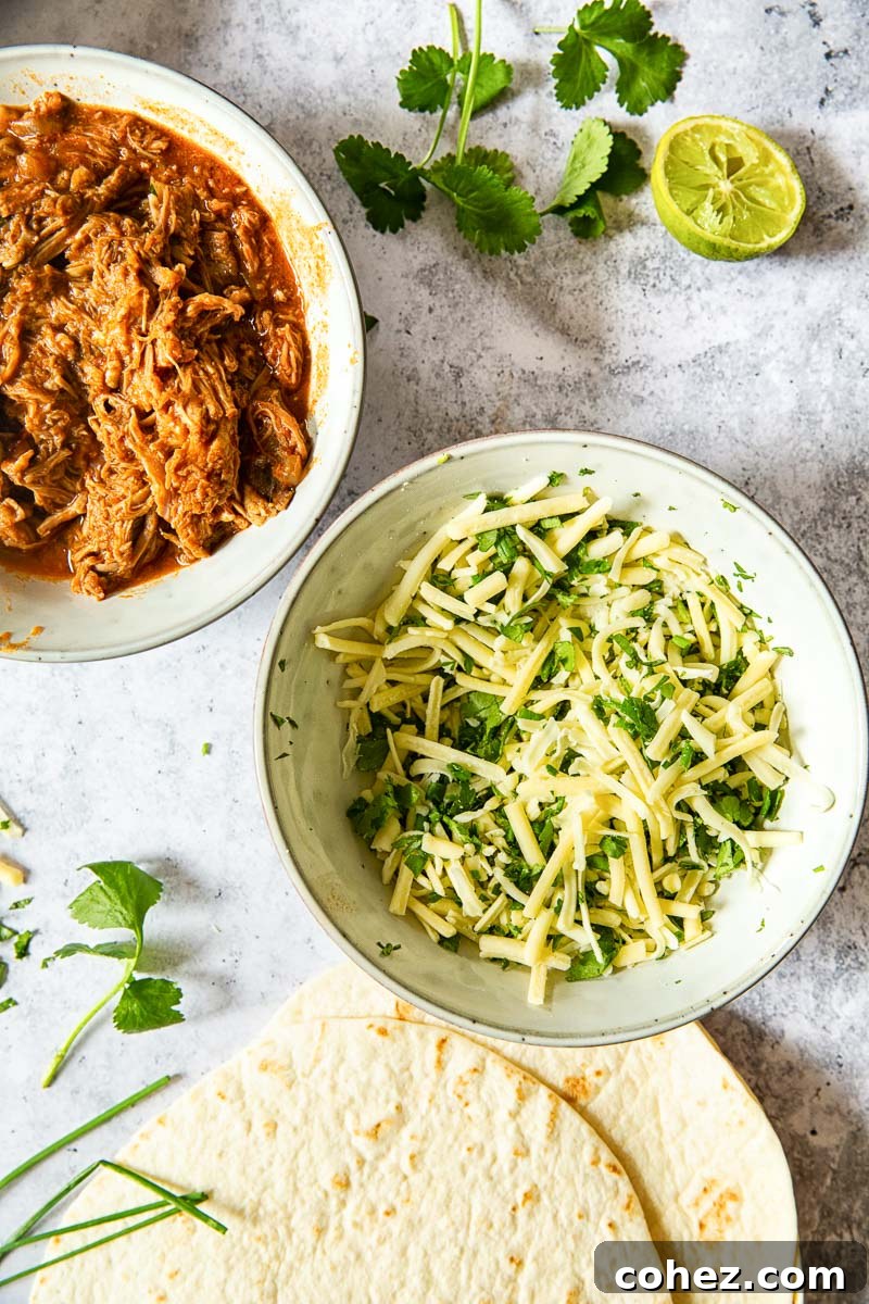 pulled pork and cheese and herb mixtures in two separate bowls on grey background. Flour tortillas next to them.