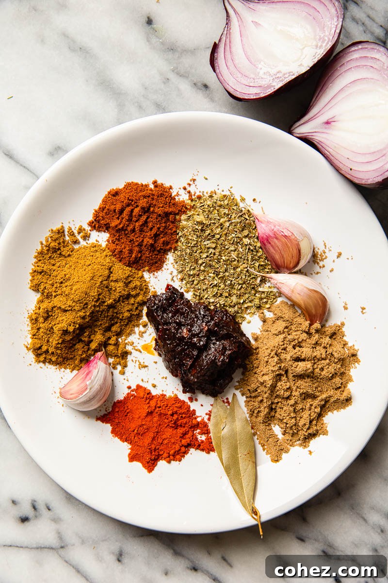 A carefully arranged chili spice mix, featuring vibrant red chili powder, earthy cumin, and other aromatic spices, on a pristine white plate.
