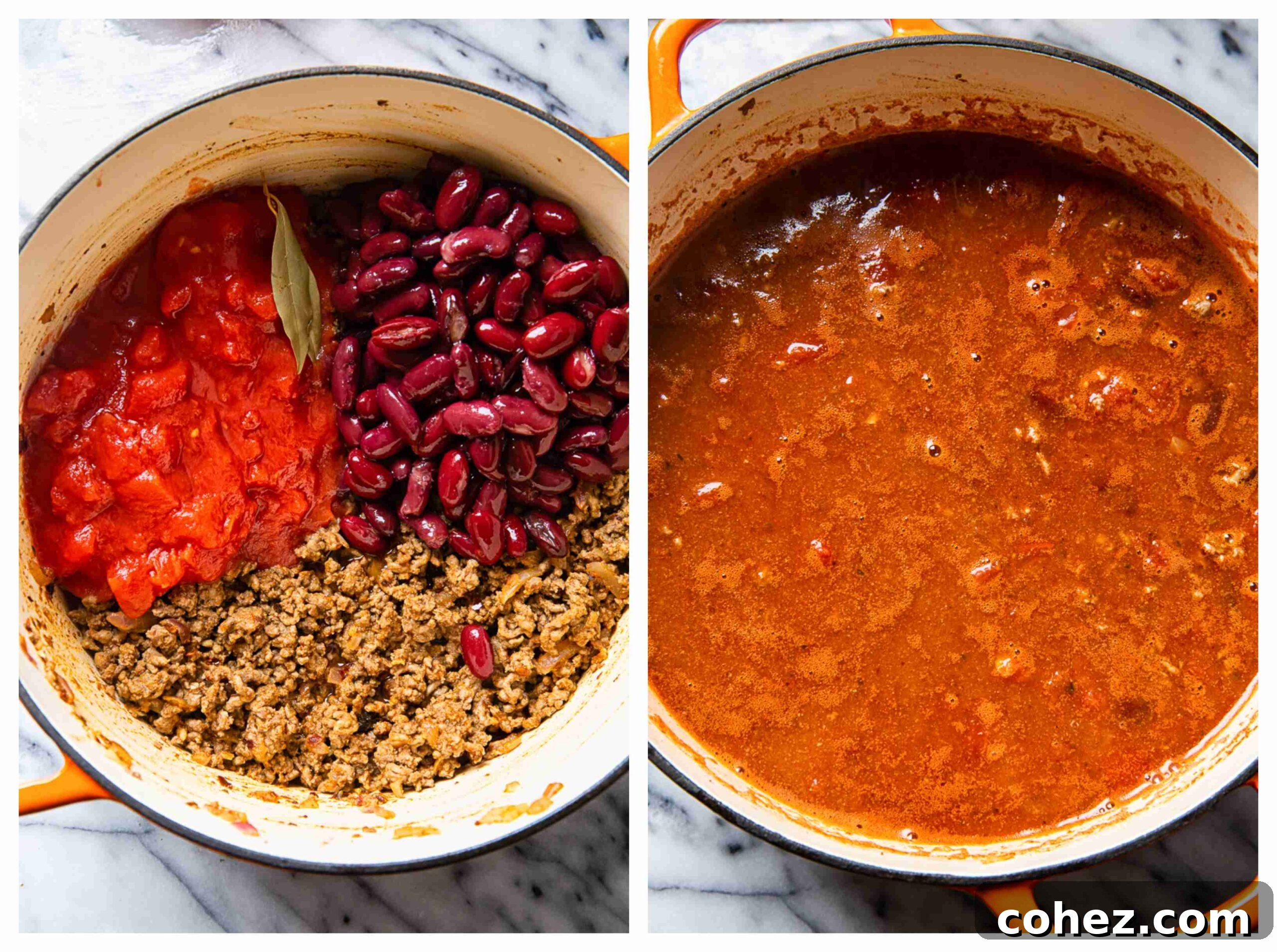 A collage of images illustrating the chili-making process, from browning beef to simmering the sauce, showcasing key steps in preparation.