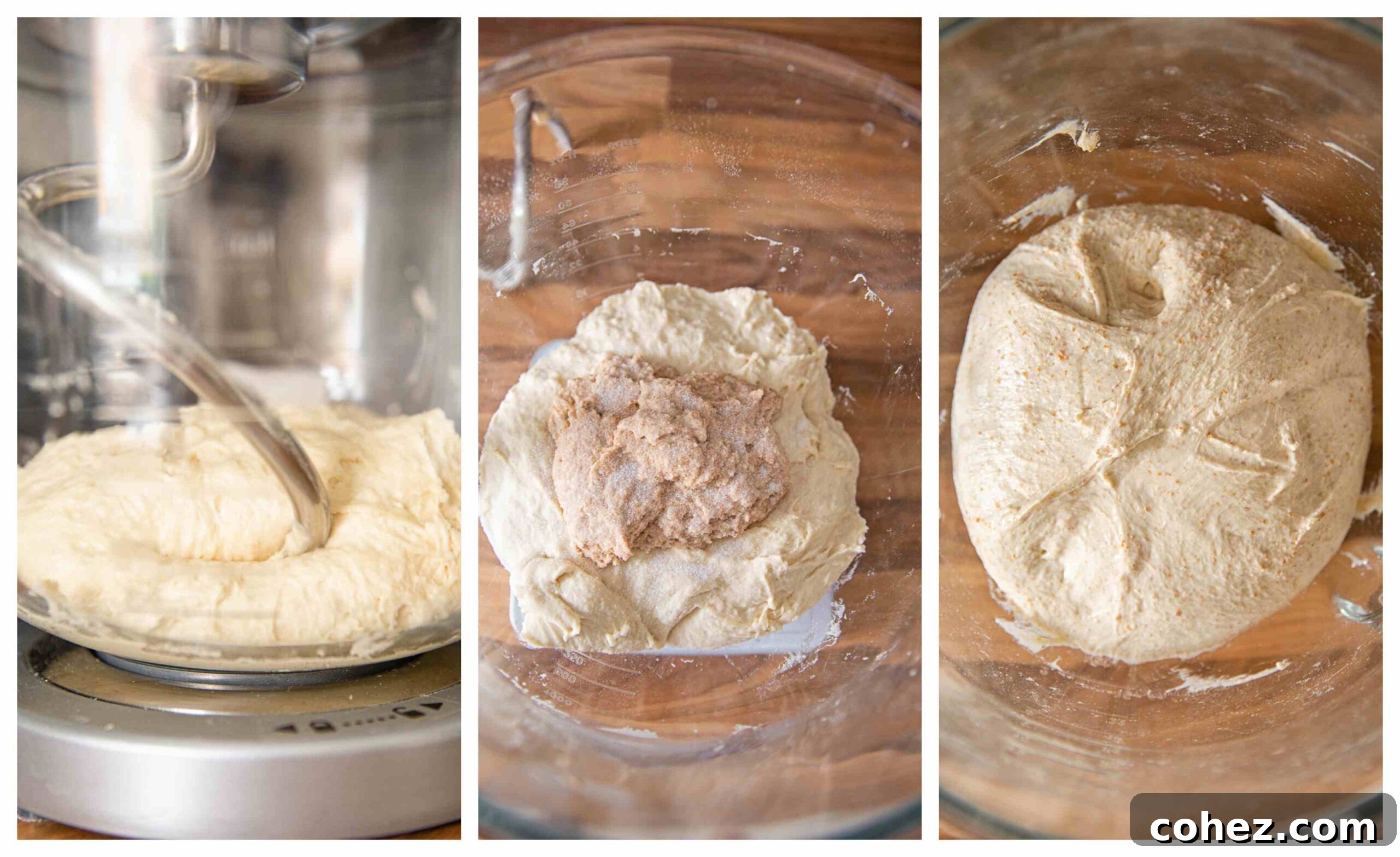 A collage of images illustrating the various stages of sourdough bread making, from initial dough mixing to the developing gluten structure.