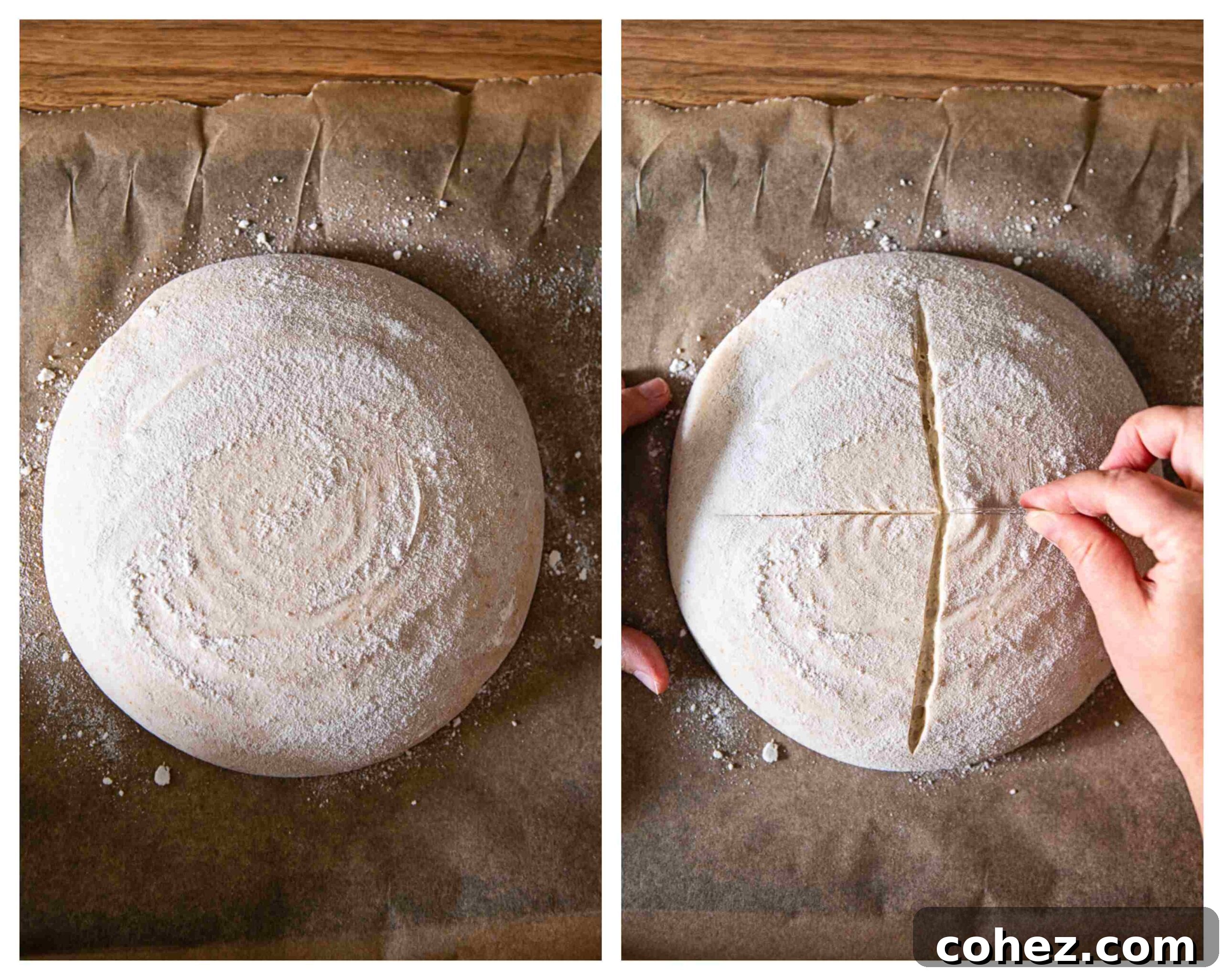 Images showing sourdough after 16 hours of cold fermentation and the precise scoring of the loaf before baking.