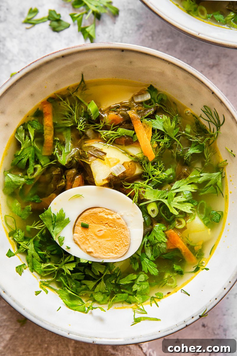 Close-up of a bowl of green borscht, generously topped with vibrant fresh parsley, dill, and half of a perfectly boiled egg, against a soft background.