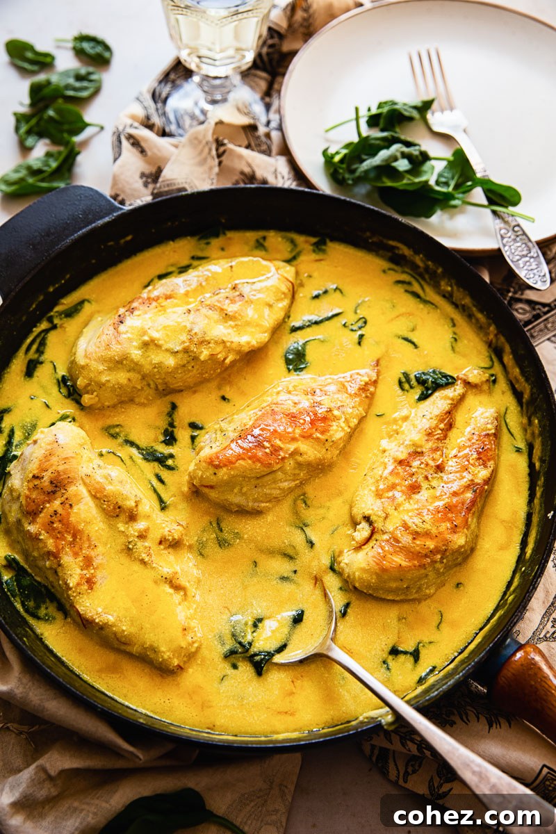 top down view of chicken breasts in cream sauce with spinach in black pan