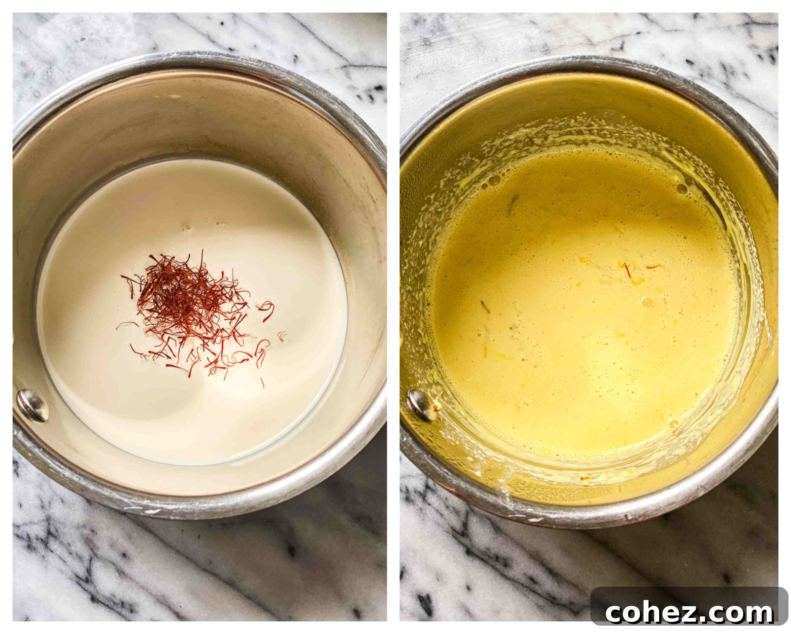 Tuscan Chicken with Golden Saffron Cream 4 A visual demonstration showing cream before and after being infused with saffron threads, highlighting the color transformation.
