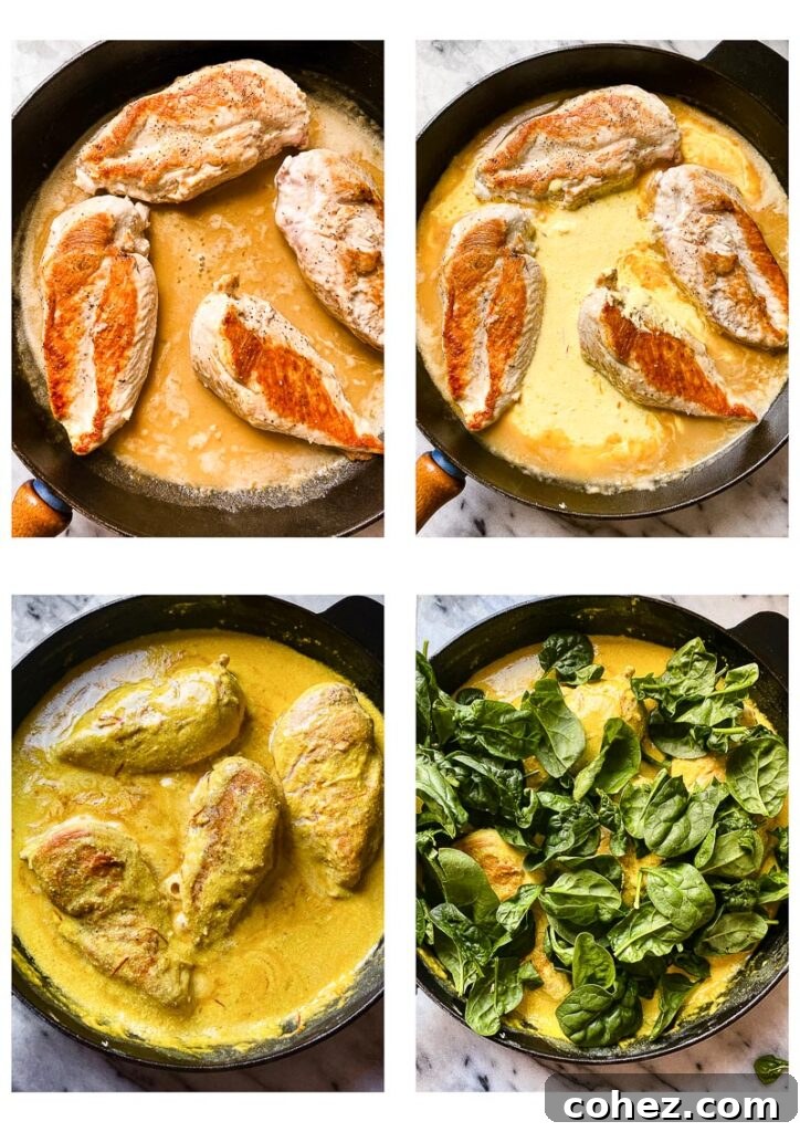 Tuscan Chicken with Golden Saffron Cream 5 A four-panel image illustrating the main cooking stages of the Tuscan chicken recipe, from searing to simmering.