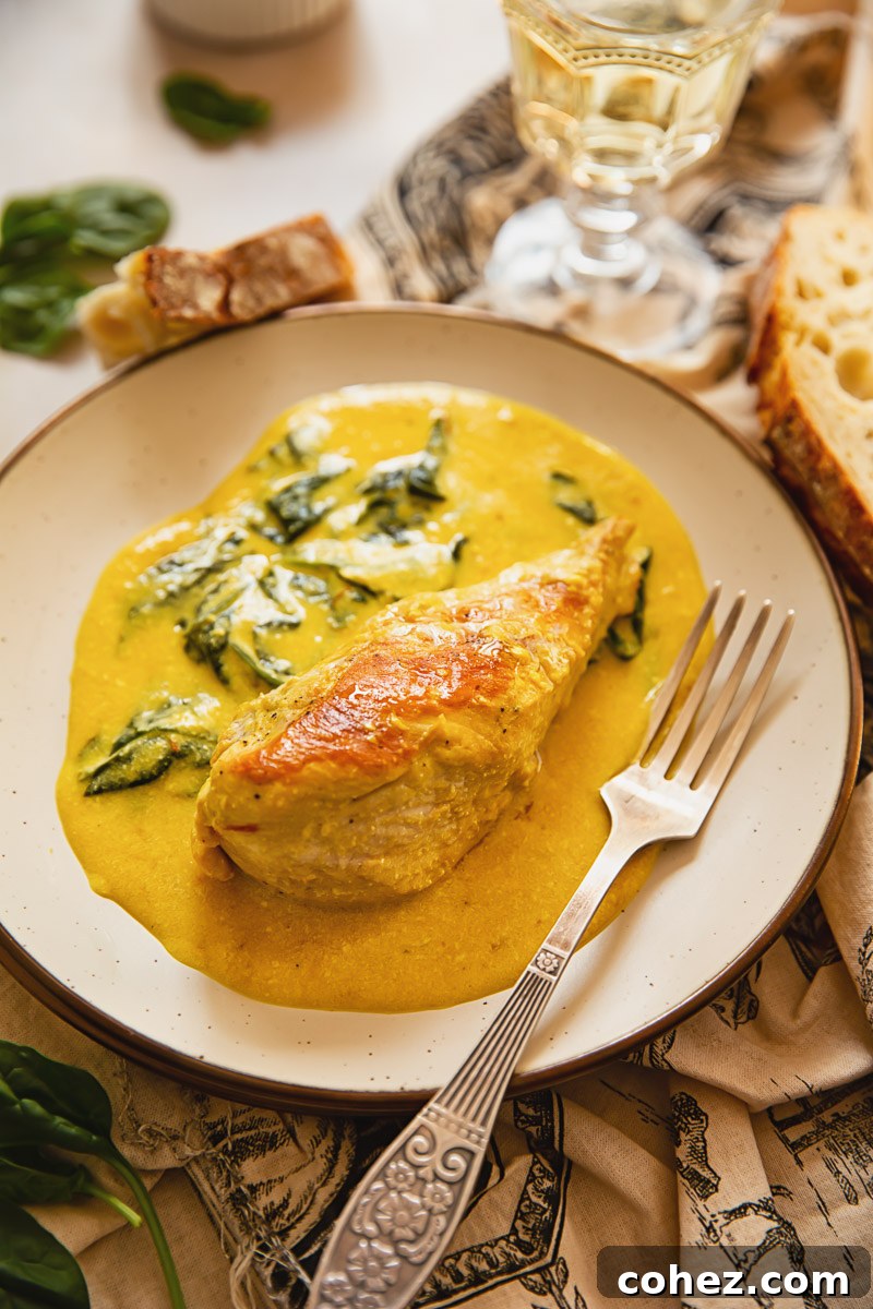 chicken breast with tuscan cream sauce and spinach on beige plate, fork and glass of white wine