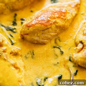 Tuscan Chicken with Golden Saffron Cream 7 Saffron cream sauce close up with chicken breasts, ready to be served.