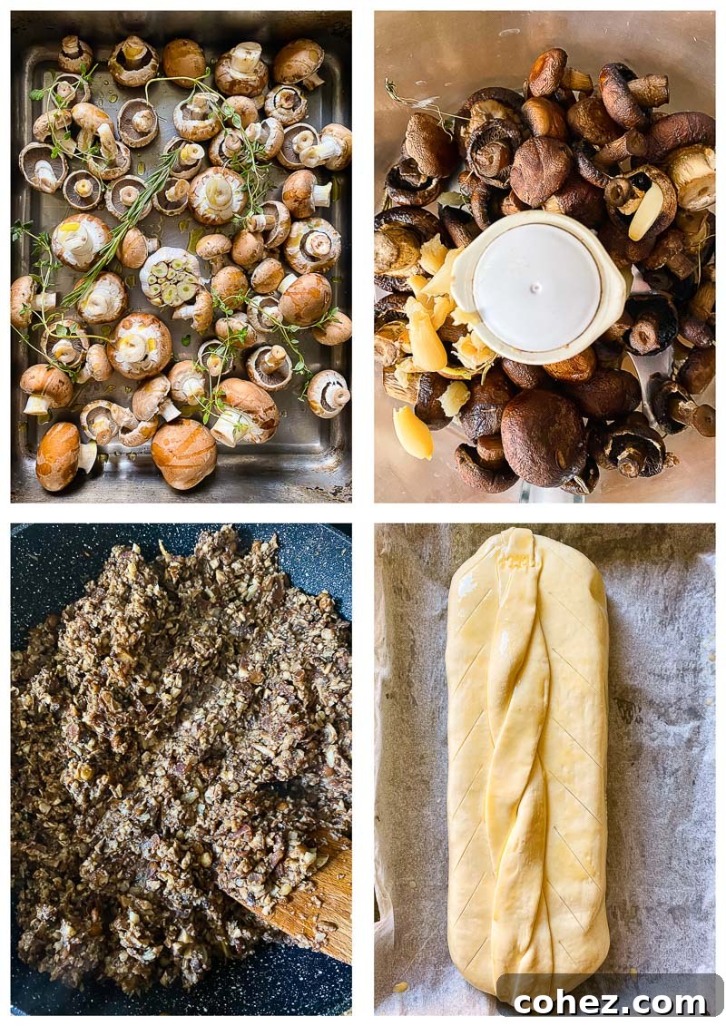 Four sequential images demonstrating the process of making Mushroom Wellington, from preparing the filling to the final baked dish