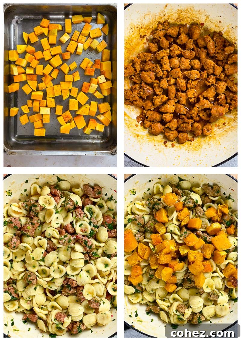 Orecchiette with Chorizo process images, showing steps from preparation to final dish