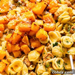 roasted butternut squash on top of orecchiette pasta