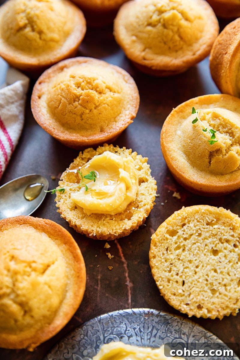 golden corn muffins, one adorned with a dollop of maple butter